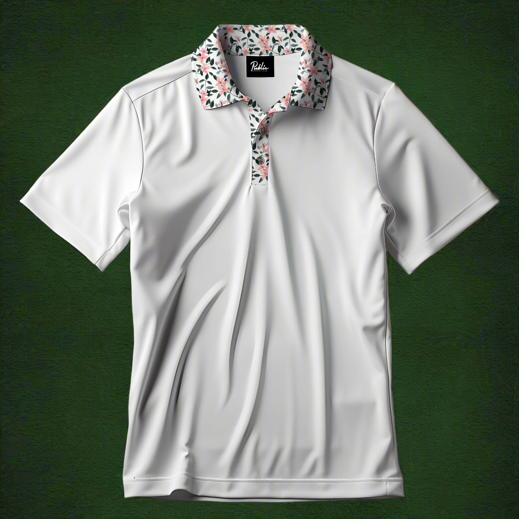Magnolia Lane Performance Golf Polo by Public Country Club – Masters-inspired design on a premium white polo, perfect for golfers seeking the best golf polo.