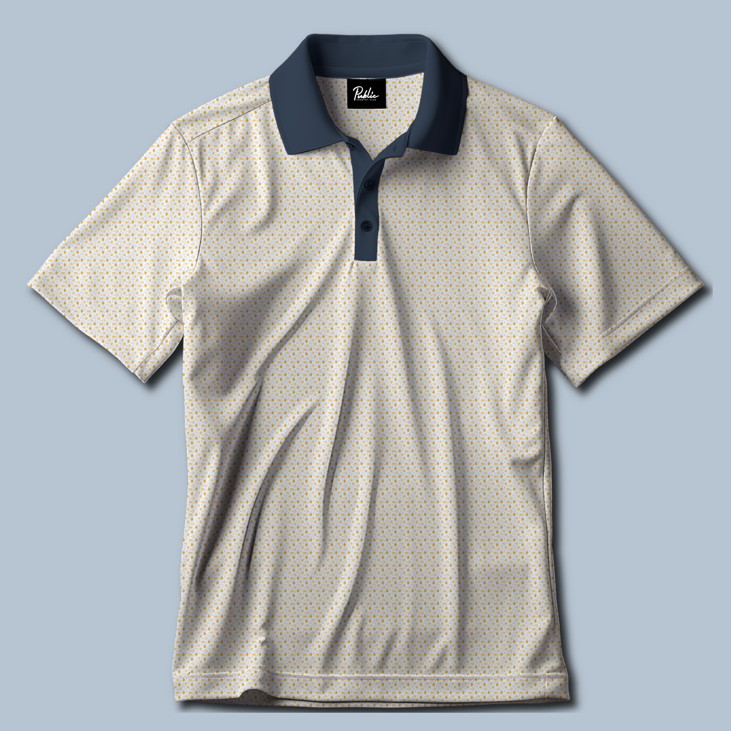 Ode to Arnie Performance Golf Polo by Public Country Club – Arnold Palmer-inspired design with lemons and crowns on a premium polo, ideal for golfers seeking the best golf polo.